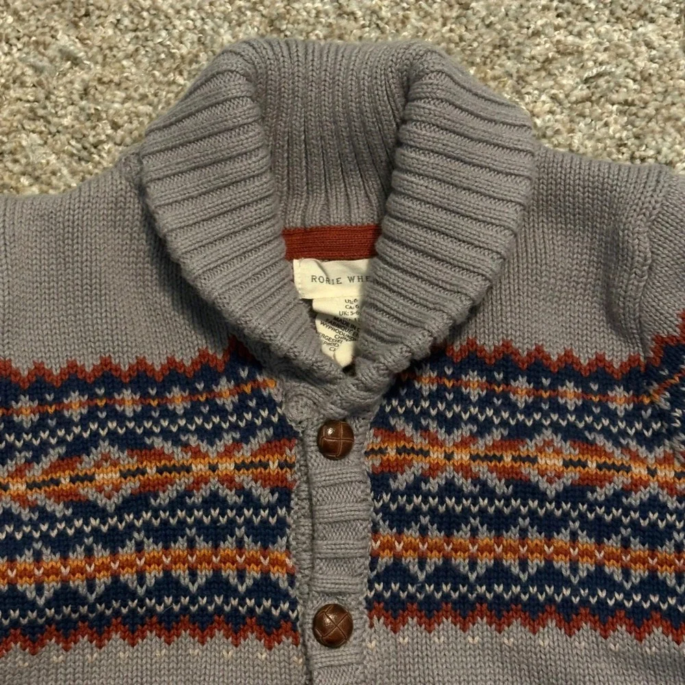 Rorie Whelan Cardigan Sweater Boys 6 Gray Fair Isle Shawl‎ Collar Cotton Knit